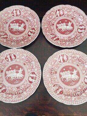 Vintage Spode Greek Red Dinner Plates Cranberry Transferware Set of 4 10.5"